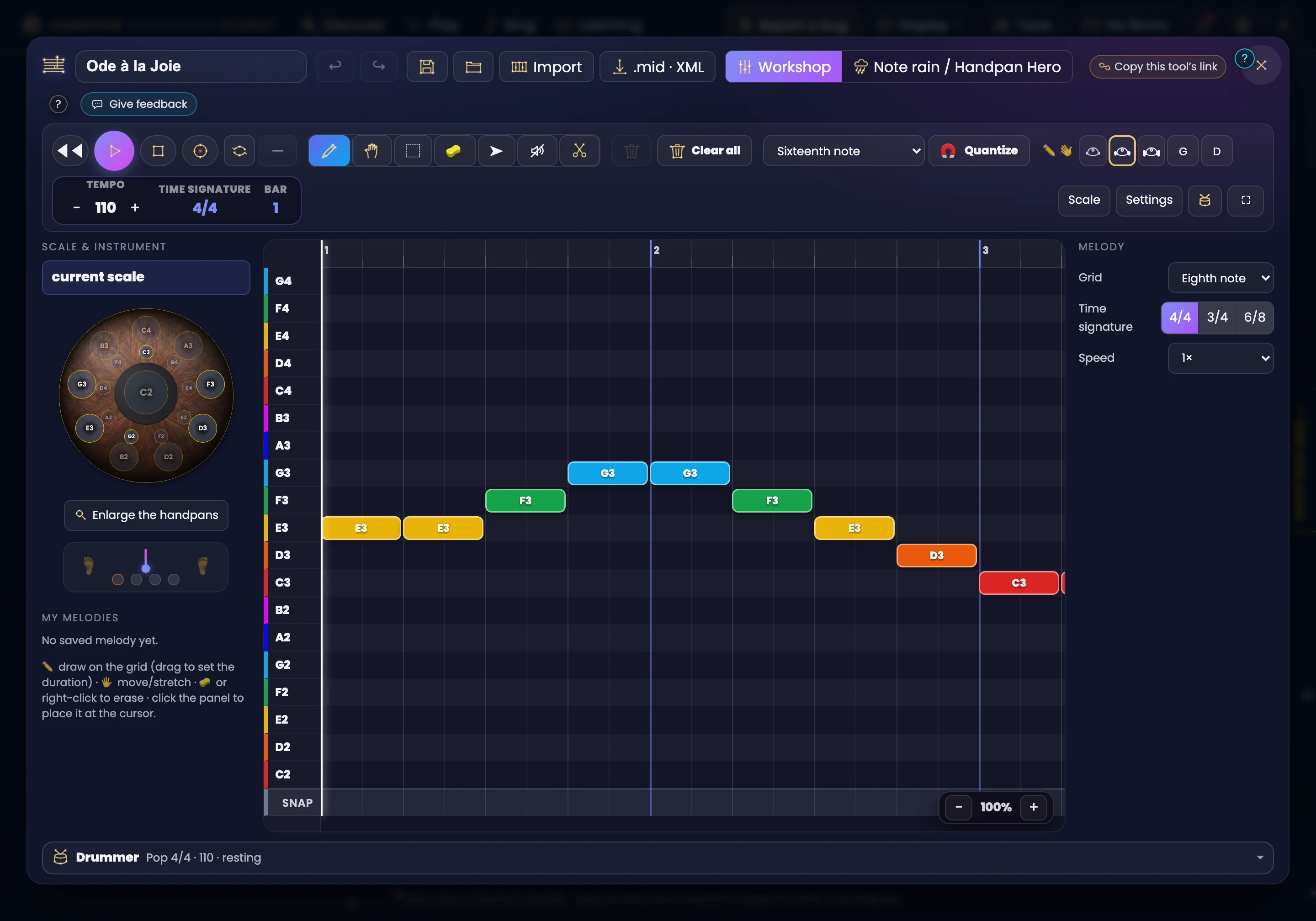 Compose your melody note by note: the melody editor