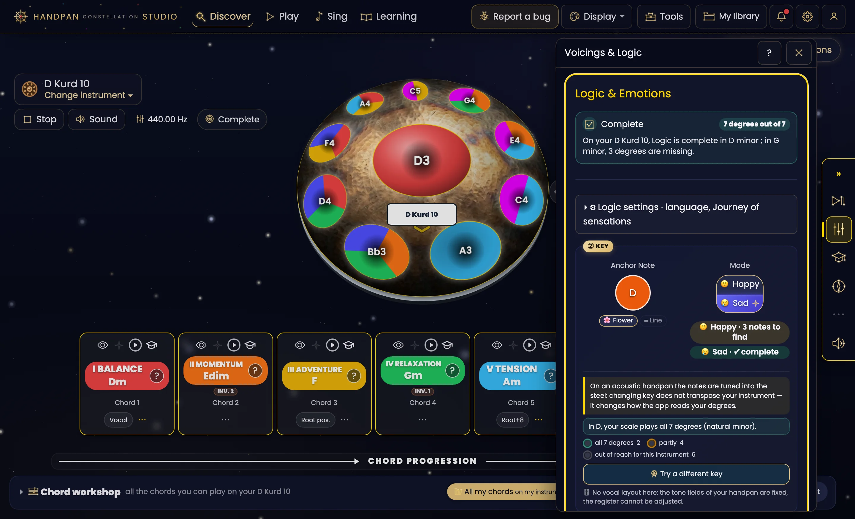 The same screen on an acoustic D Kurd 10 handpan, Starry Night theme, with the “Voicings & Logic” drawer open on the right. In the middle, the pan; the handpan's screen, under the D3 ding, reads “D Kurd 10”. At the bottom, the degree cards: I BALANCE Dm, II MOMENTUM Edim (inversion 2), III ADVENTURE F, IV RELAXATION Gm (inversion 1), V TENSION Am; the drawer covers cards 6 and 7. In the drawer, the “Logic & Emotions” block: “Complete, 7 degrees out of 7 — On your D Kurd 10, Logic is complete in D minor; in G minor, 3 degrees are missing.” Then the key: anchor note D, Sad mode selected, “Happy · 3 notes to find”, “Sad · ✓ complete”, the reminder that on an acoustic handpan the notes are tuned into the steel, “In D, your scale plays all 7 degrees (natural minor)” and the “Try a different key” button.