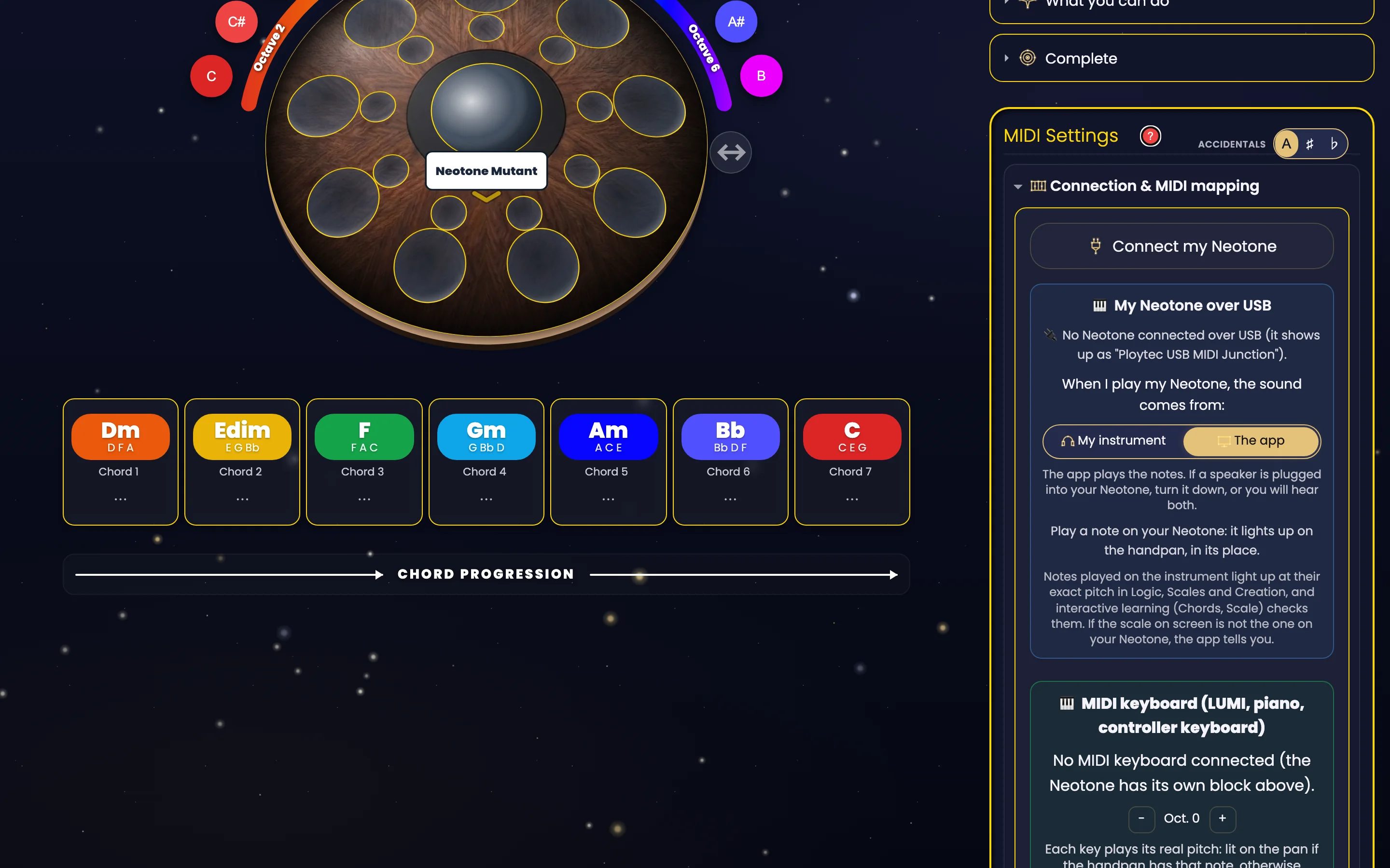 MIDI connection in Handpan Constellation Studio, Starry Night theme, opened from 🧰 Tools. On the left, the Neotone Mutant drawn with its notes still empty and its chromatic ring from C to B, and below it the seven chord cards Dm, Edim, F, Gm, Am, Bb, C and the “CHORD PROGRESSION” arrow. On the right, the “MIDI Settings” block: “Connection & MIDI mapping”, the “Connect my Neotone” button, the “My Neotone over USB” panel — “No Neotone connected over USB (it shows up as “Ploytec USB MIDI Junction”)” — with the choice of where the sound comes from, “My instrument” or “The app”, then the “MIDI keyboard (LUMI, piano, controller keyboard)” panel.