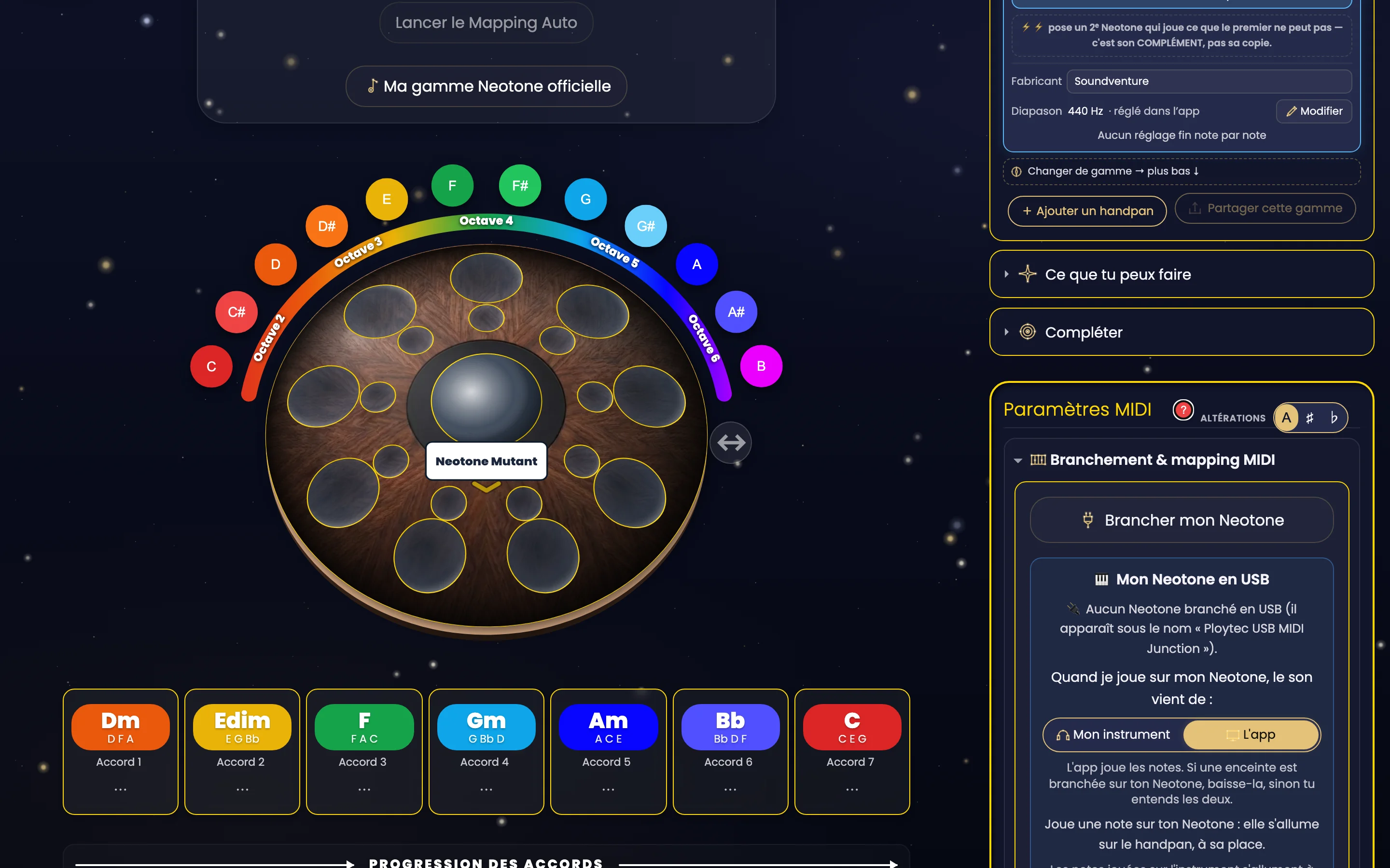 Le branchement MIDI de Handpan Constellation Studio, thème Nuit étoilée, ouvert depuis 🧰 Outils › Brancher mon instrument (MIDI). En haut à gauche, les deux chemins « Lancer le Mapping Auto » et « 🎵 Ma gamme Neotone officielle ». Au centre, le Neotone Mutant dessiné, notes encore vides, avec sa couronne chromatique C → B sur les octaves 2 à 6, et dessous les sept cartes d'accords Dm, Edim, F, Gm, Am, Bb, C. À droite, la fiche de l'instrument (fabricant Soundventure, diapason 440 Hz) puis le bloc « Paramètres MIDI » : « Branchement & mapping MIDI », le bouton « Brancher mon Neotone », et l'encart « Mon Neotone en USB » — « Aucun Neotone branché en USB (il apparaît sous le nom « Ploytec USB MIDI Junction ») » — avec le choix d'où vient le son, « Mon instrument » ou « L'app ».