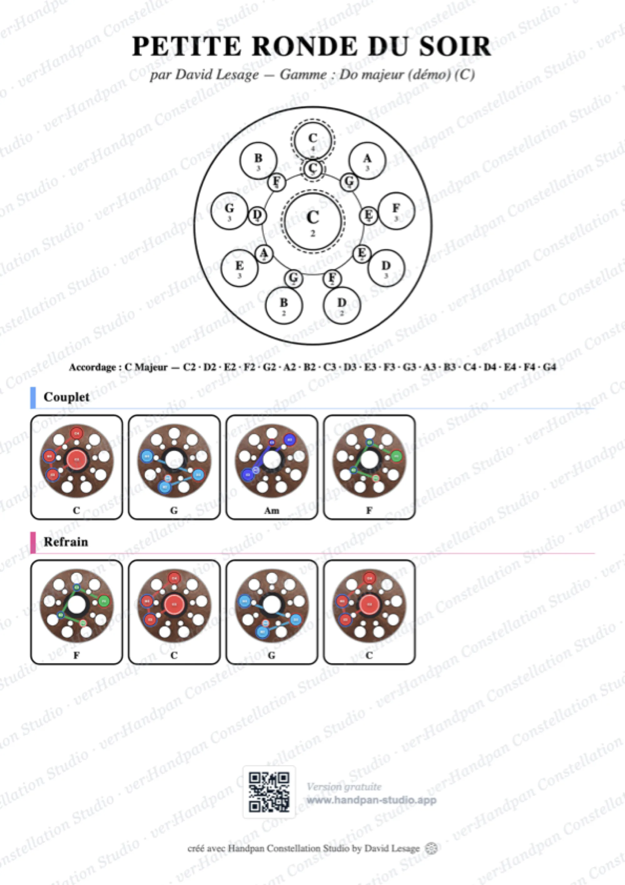 Le même export PDF, cette fois sans accès Studio : le filigrane « Handpan Constellation Studio · version gratuite » est répété en diagonale sur toute la page, par-dessus le titre, le schéma du handpan et les diagrammes. En bas de page, un badge QR code accompagne la mention « Version gratuite · www.handpan-studio.app », qui chevauche le pied de page.