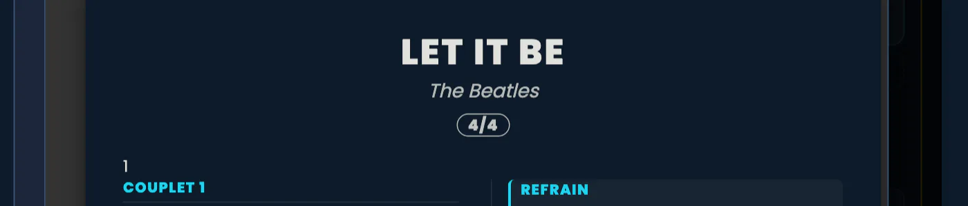 En-tête de la feuille de partition : le titre LET IT BE en grandes capitales, l'auteur The Beatles en italique dessous, et sous les deux un badge ovale portant la mention 4/4.