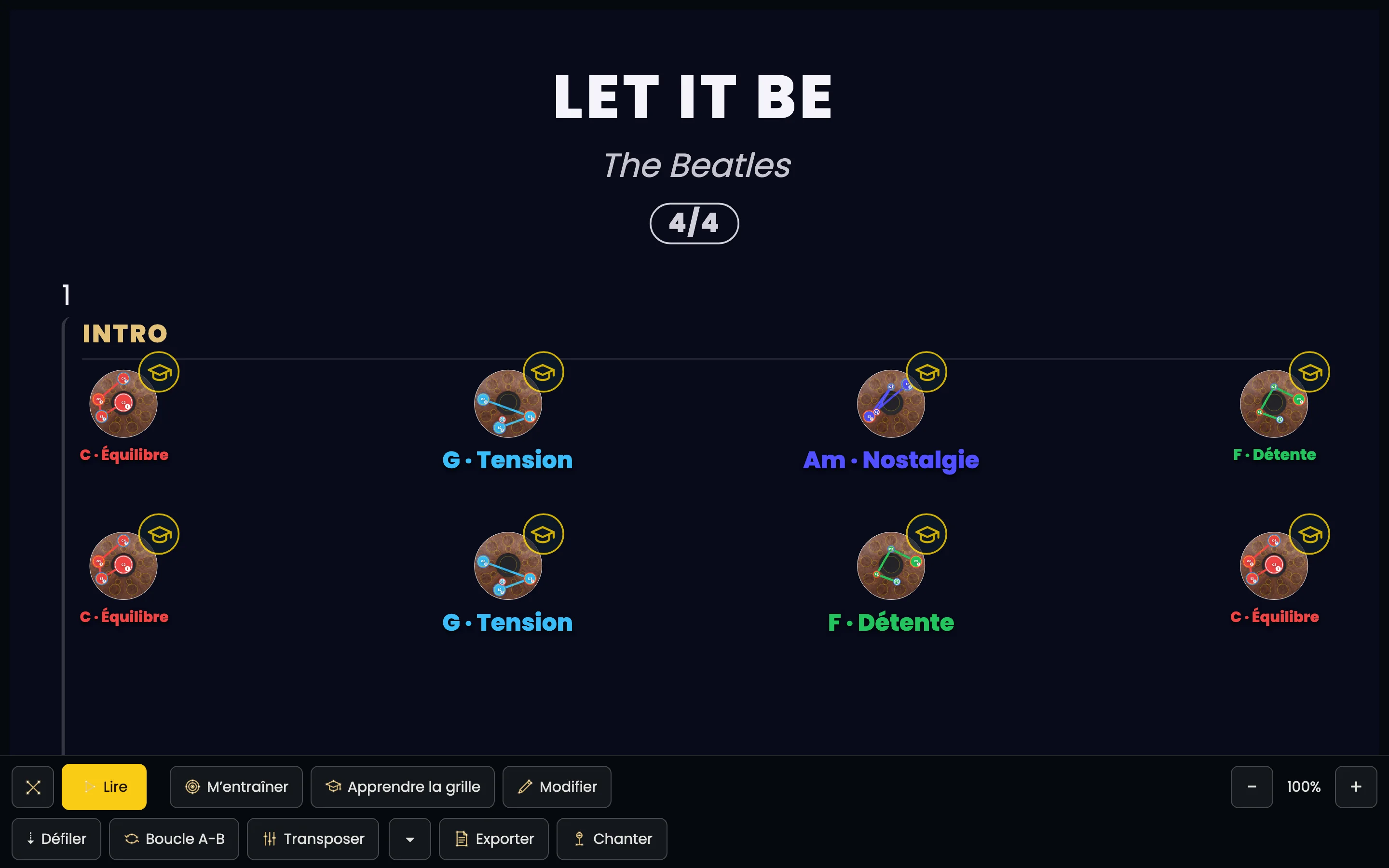 Le Pupitre sur un écran d'ordinateur, thème Nuit étoilée : le titre LET IT BE, The Beatles, la pastille 4/4, puis la section 1, INTRO, avec huit diagrammes sur deux rangées : C · Équilibre, G · Tension, Am · Nostalgie, F · Détente, puis C · Équilibre, G · Tension, F · Détente, C · Équilibre. Chaque diagramme porte un petit chapeau doré. En bas, deux rangées de commandes : fermer, Lire (en jaune), M'entraîner, Apprendre la grille, Modifier et le zoom − 100 % + ; puis Défiler, Boucle A-B, Transposer, un menu ▾, Exporter et Chanter.
