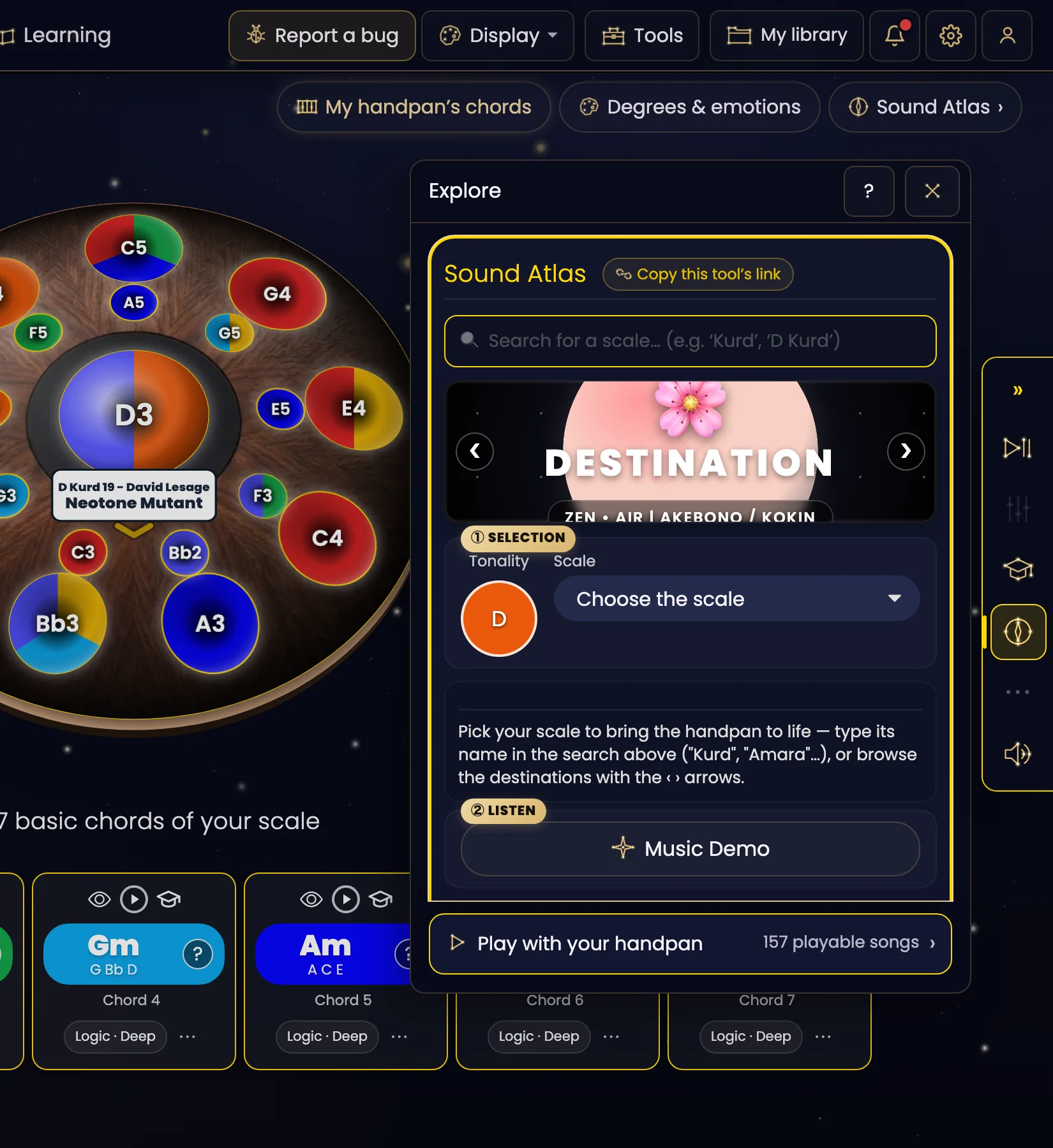 The Sound Atlas open in the “Explore” panel on the right of the app, Starry Night theme, next to a Neotone Mutant with coloured notes. At the top, the “My handpan's chords”, “Degrees & emotions” and “Sound Atlas ›” buttons. In the panel: the “Sound Atlas” title and “Copy this tool's link”, a “Search for a scale… (e.g. ‘Kurd’, ‘D Kurd’)” field, then a carousel with its ‹ and › arrows: a “DESTINATION” card decorated with a cherry blossom, subtitled “ZEN • AIR | AKEBONO / KOKIN”. Below, “① SELECTION” with the tonality D and the “Choose the scale” menu, the line “Pick your scale to bring the handpan to life — type its name in the search above (“Kurd”, “Amara”…), or browse the destinations with the ‹ › arrows”, then “② LISTEN” and the “Music Demo” button. At the foot, “Play with your handpan — 157 playable songs ›”.
