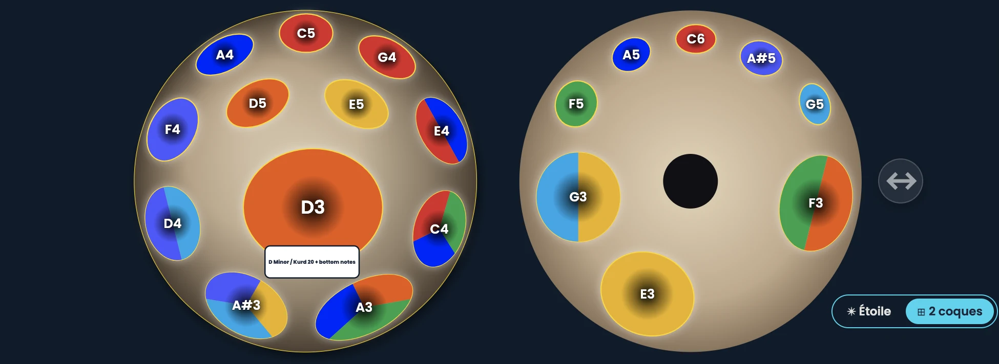 Handpan Studio — D Kurd 20 notes, la coque du dessous présentée à côté