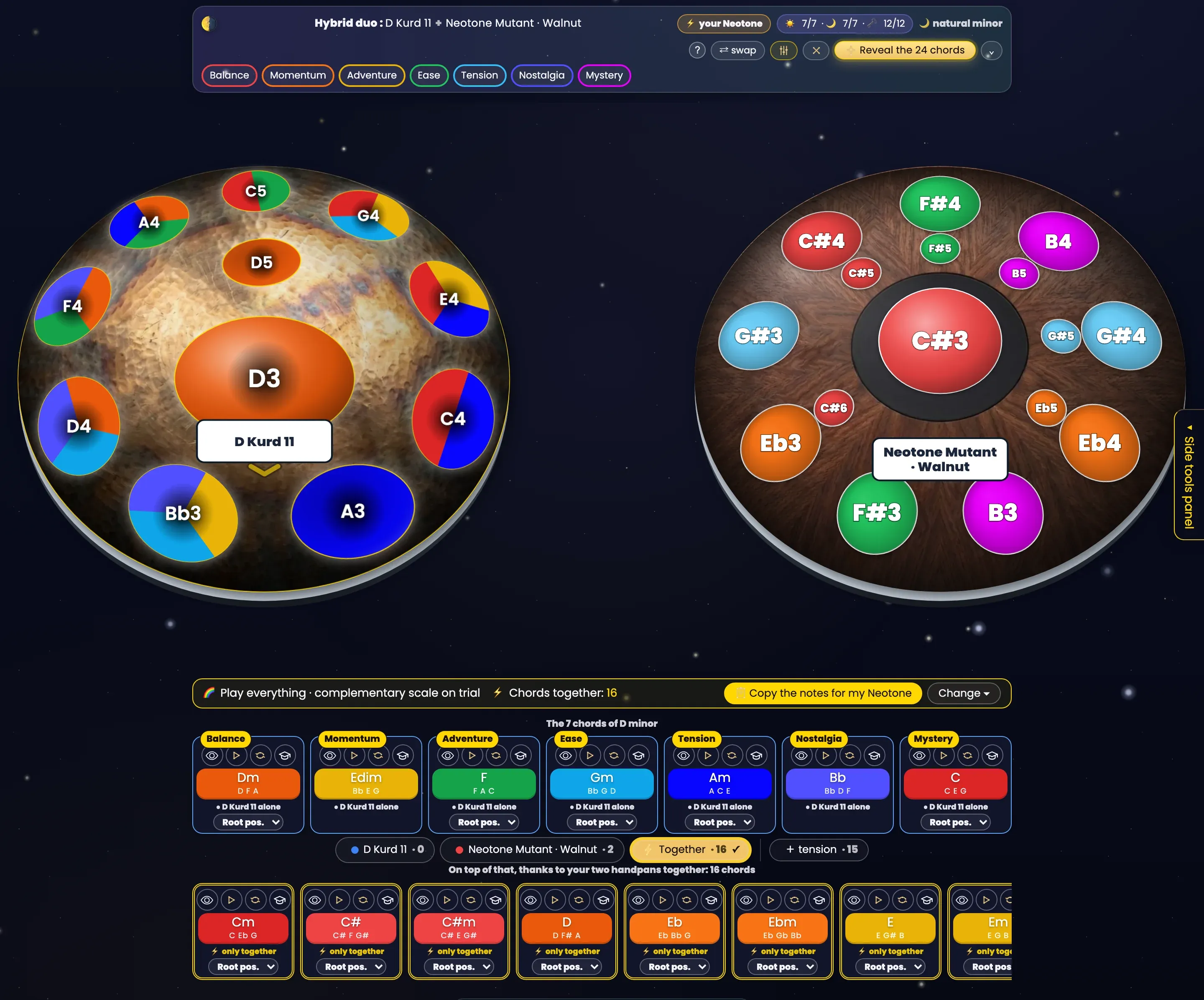 The pair screen in the Starry Night theme. At the top, the banner “Hybrid duo: D Kurd 11 + Neotone Mutant · Walnut”, with 7/7 · 7/7 · 12/12, natural minor, “swap” and “Reveal the 24 chords”, then the seven emotions. Below, the two pans: the D Kurd 11 with its notes (D3 in the centre, A3, Bb3, C4, D4, E4, F4, G4, A4, C5, D5) and the Neotone Mutant · Walnut, which carries the complementary scale (C#3 in the centre, F#3, B3, Eb3, Eb4, G#3, G#4, C#4, F#4, B4…). Then the line “Play everything · complementary scale on trial · Chords together: 16”, the yellow “Copy the notes for my Neotone” button and “Change”. The row “The 7 chords of D minor”: Dm, Edim, F, Gm, Am, Bb and C, each with its emotion and the note “D Kurd 11 alone”. The chips “D Kurd 11 · 0”, “Neotone Mutant · Walnut · 2”, “Together · 16 ✓” and “+ tension · 15”. Finally the row “On top of that, thanks to your two handpans together: 16 chords”, on a single line: Cm, C#, C#m, D, Eb, Ebm, E, then Em cut off at the right edge, each outlined in gold and marked “only together”. Every card has the eye, play, loop and learning-cap buttons, and a “Root pos.” menu.