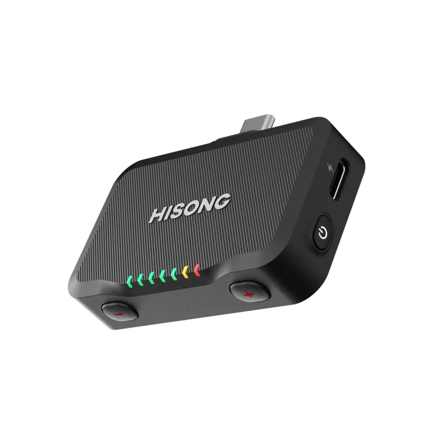 Hisong's RX Plus receiver: a small black box with a USB-C plug on top, volume buttons and a row of LEDs