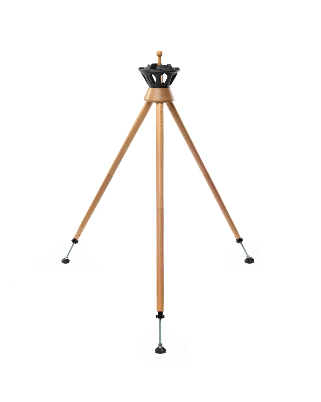 The Atlas All tripod assembled with its extensions, in the standing position: long light wooden legs and a black head.