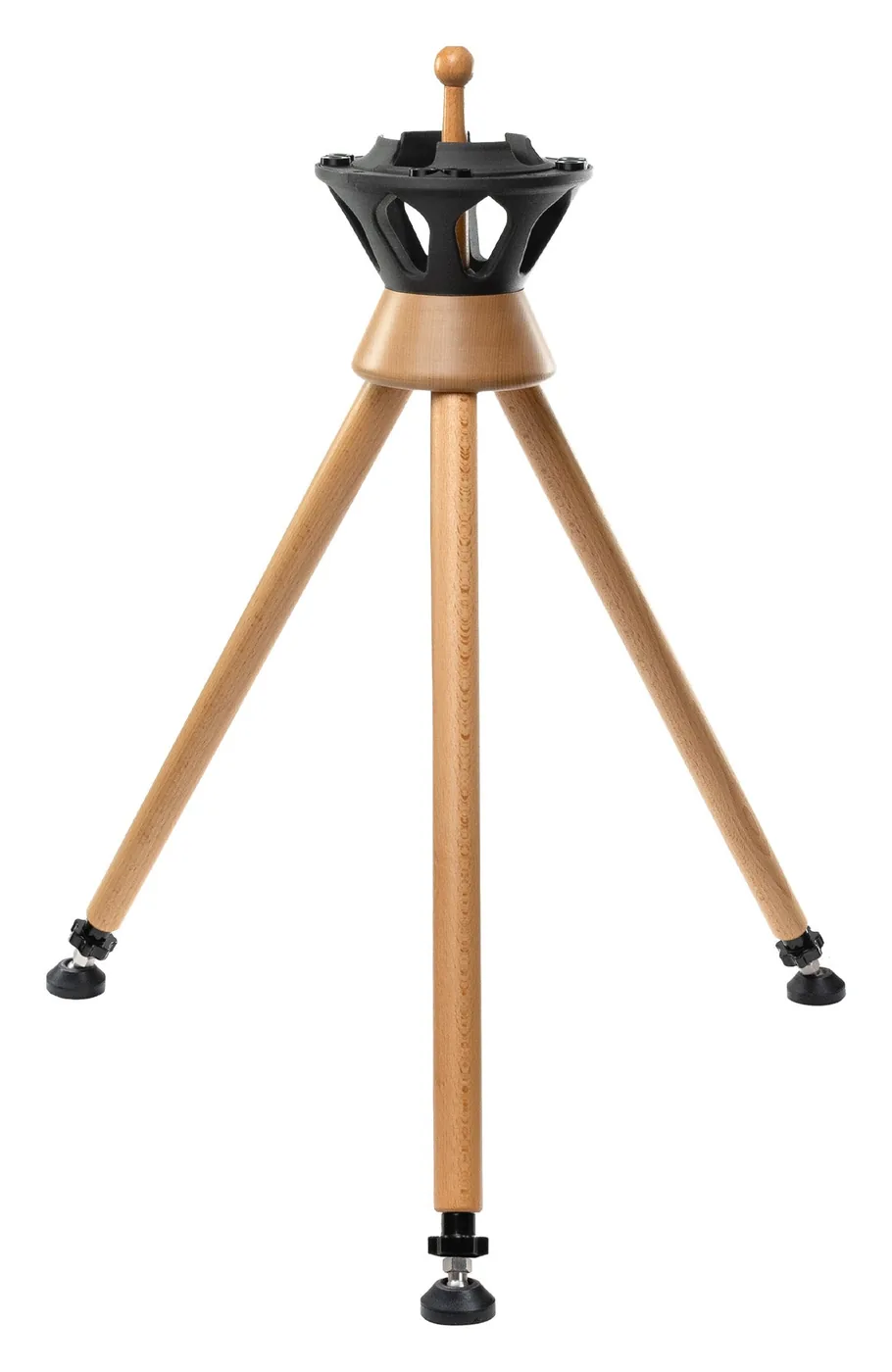 The Atlas All tripod in light wood without its extensions, on a white background: the three short legs screwed under the black head, in the low position.