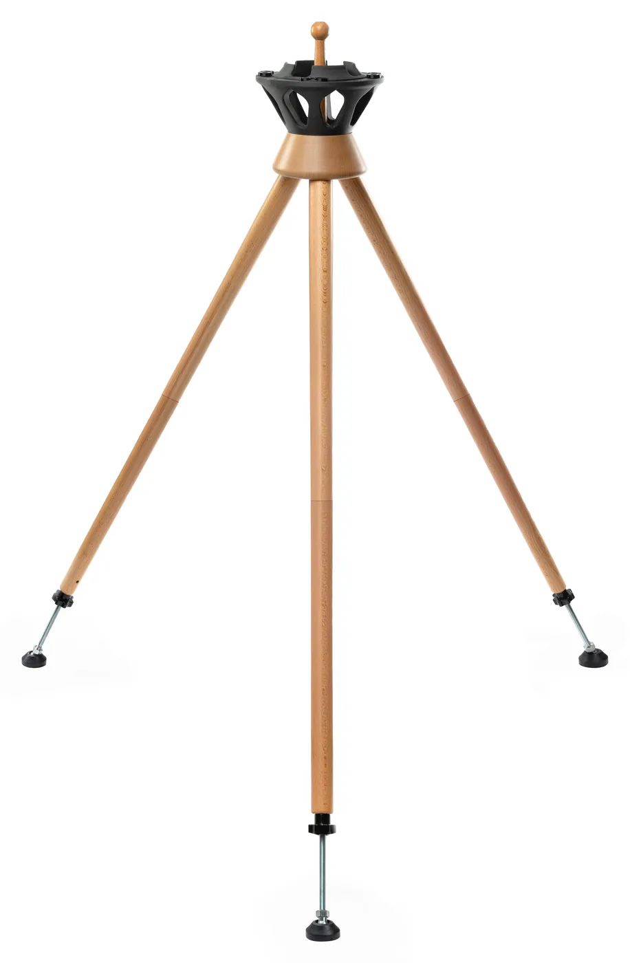 The same Atlas All tripod fitted with its extensions, on a white background: the legs are twice as long, in the high position.