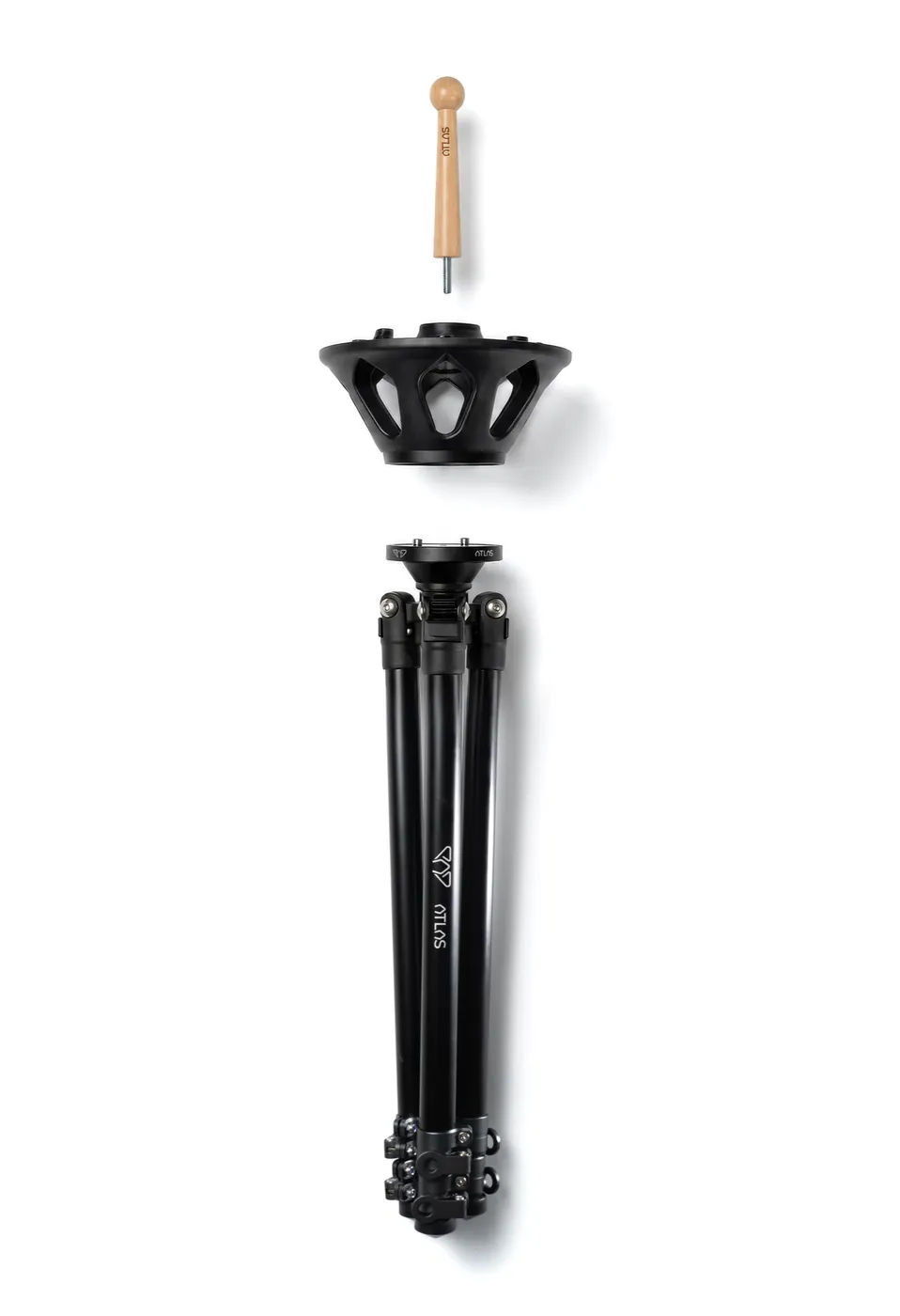 The Atlas Pro separated into two parts: the magnetic head on one side, the block of three telescopic legs on the other.
